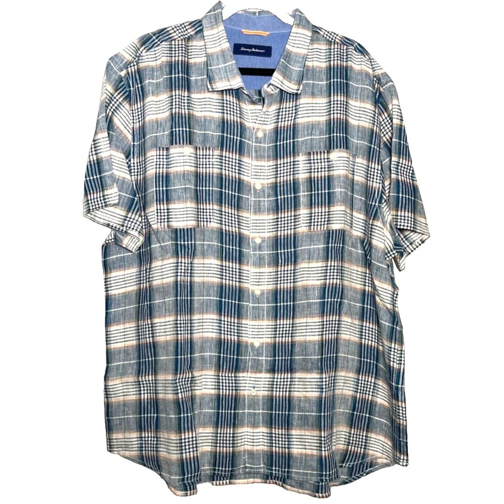 Tommy Bahama Linen Shirt Men's 3XL Blue Plaid